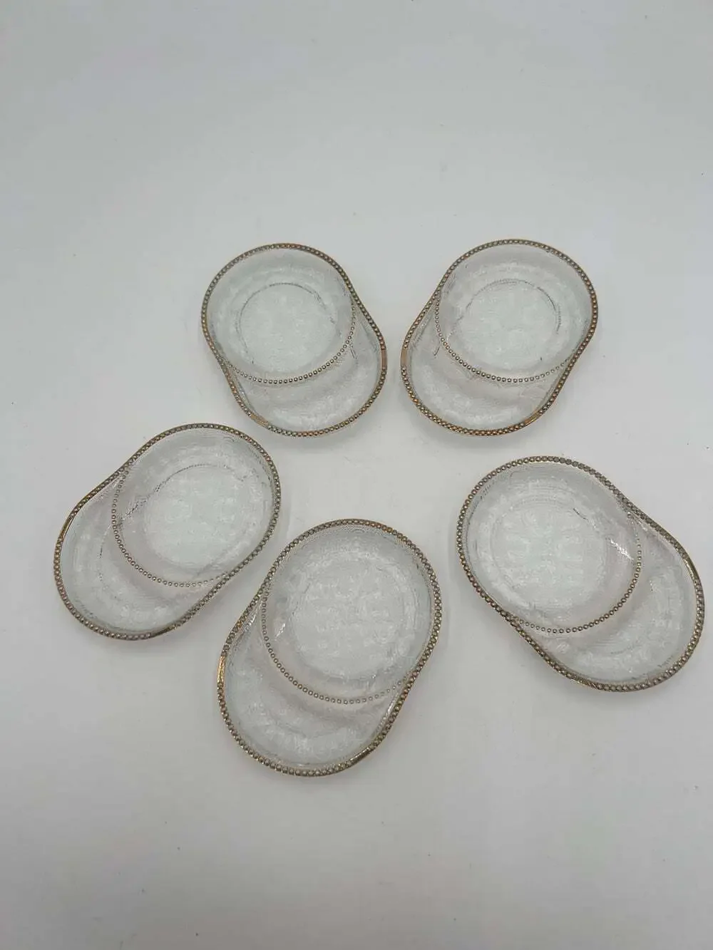Vintage Jeannette Glass Harp Coasters Set 5 Oval Gold Beaded Trim 4.75”